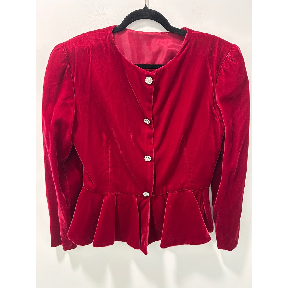 Vintage Red Velvet Peplum Jacket Rhinestone Button Holiday Formal Evening Top S